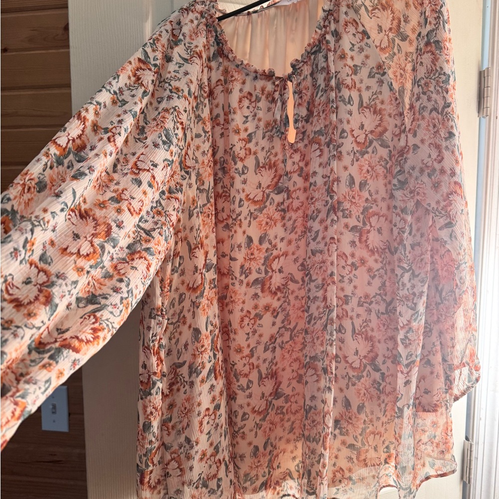 LC Lauren Conrad Pink and Orange Relaxed Long Sleeve Blouse